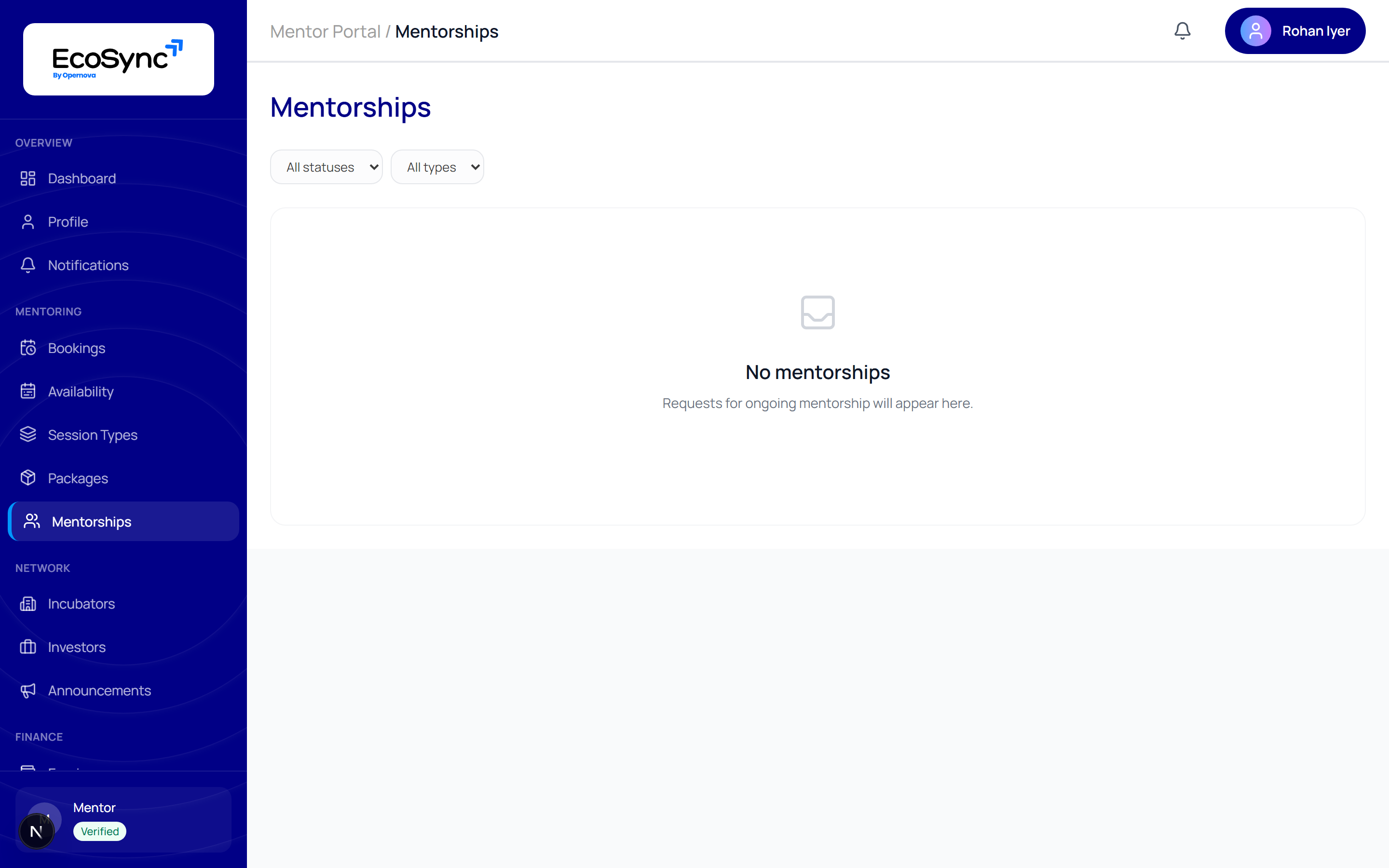 The Mentorships page in the mentor portal listing ongoing mentee relationships