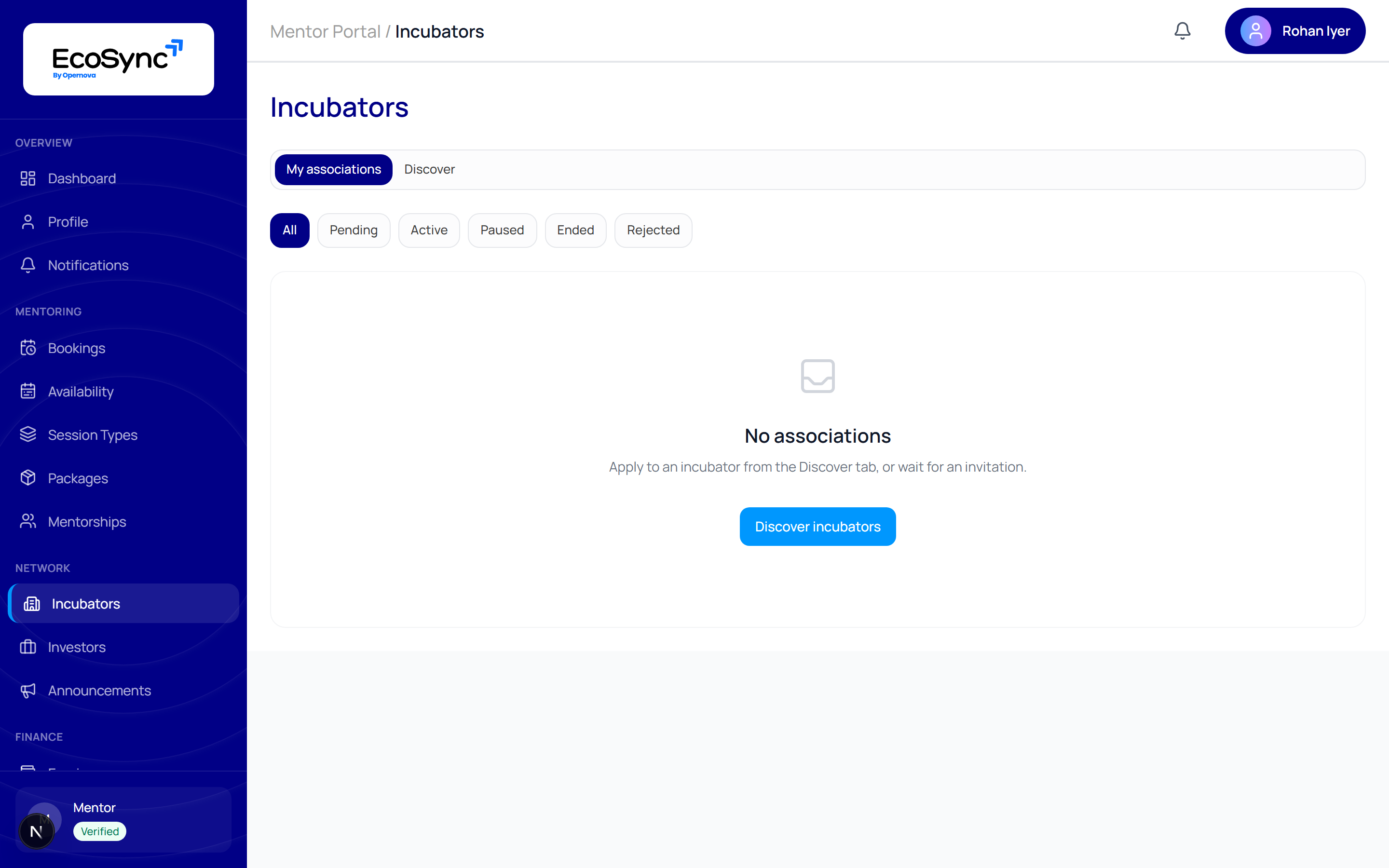 The Incubators page in the mentor portal listing incubator associations and pending invitations