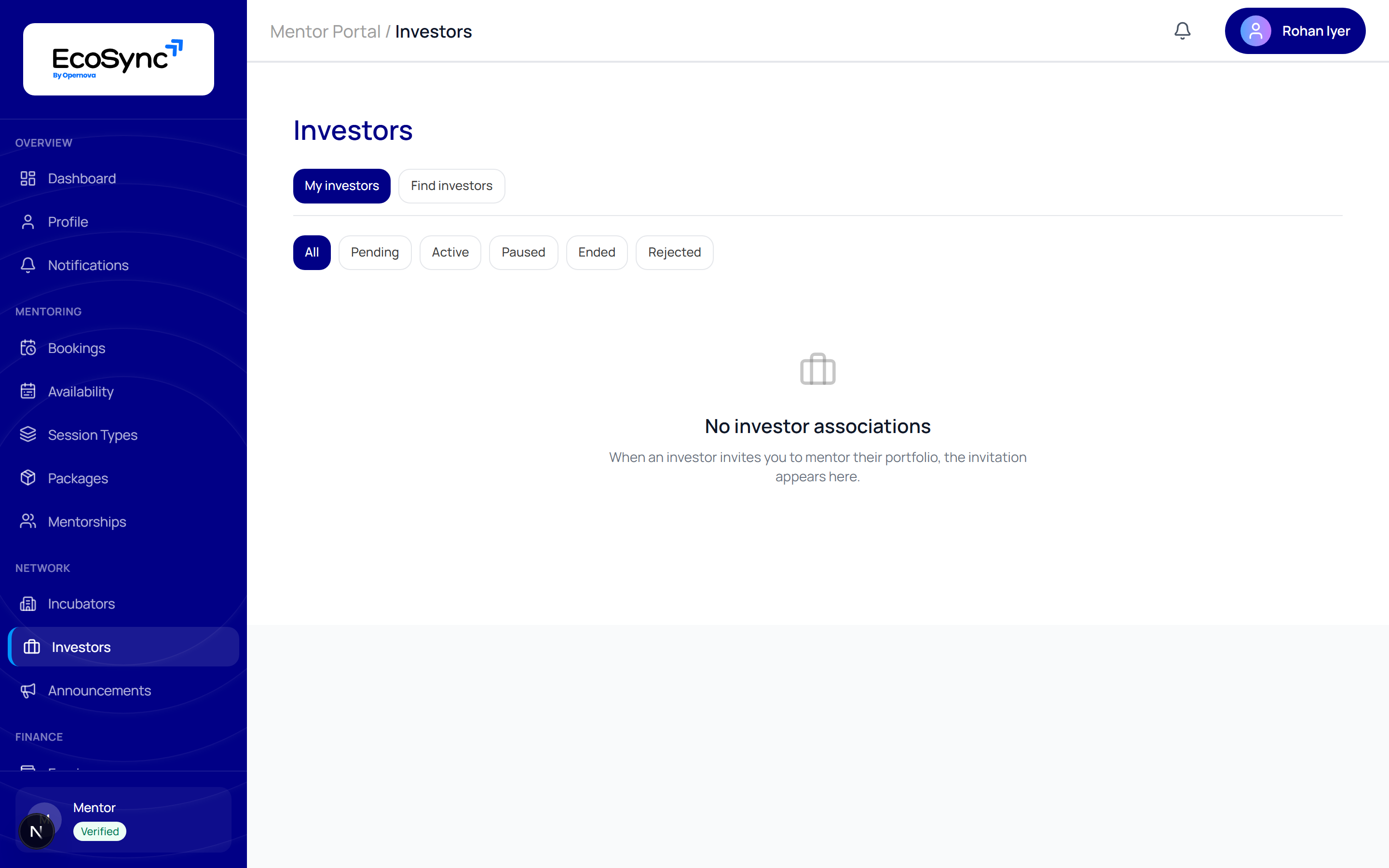 The Investors page in the mentor portal listing investor associations and pending invitations
