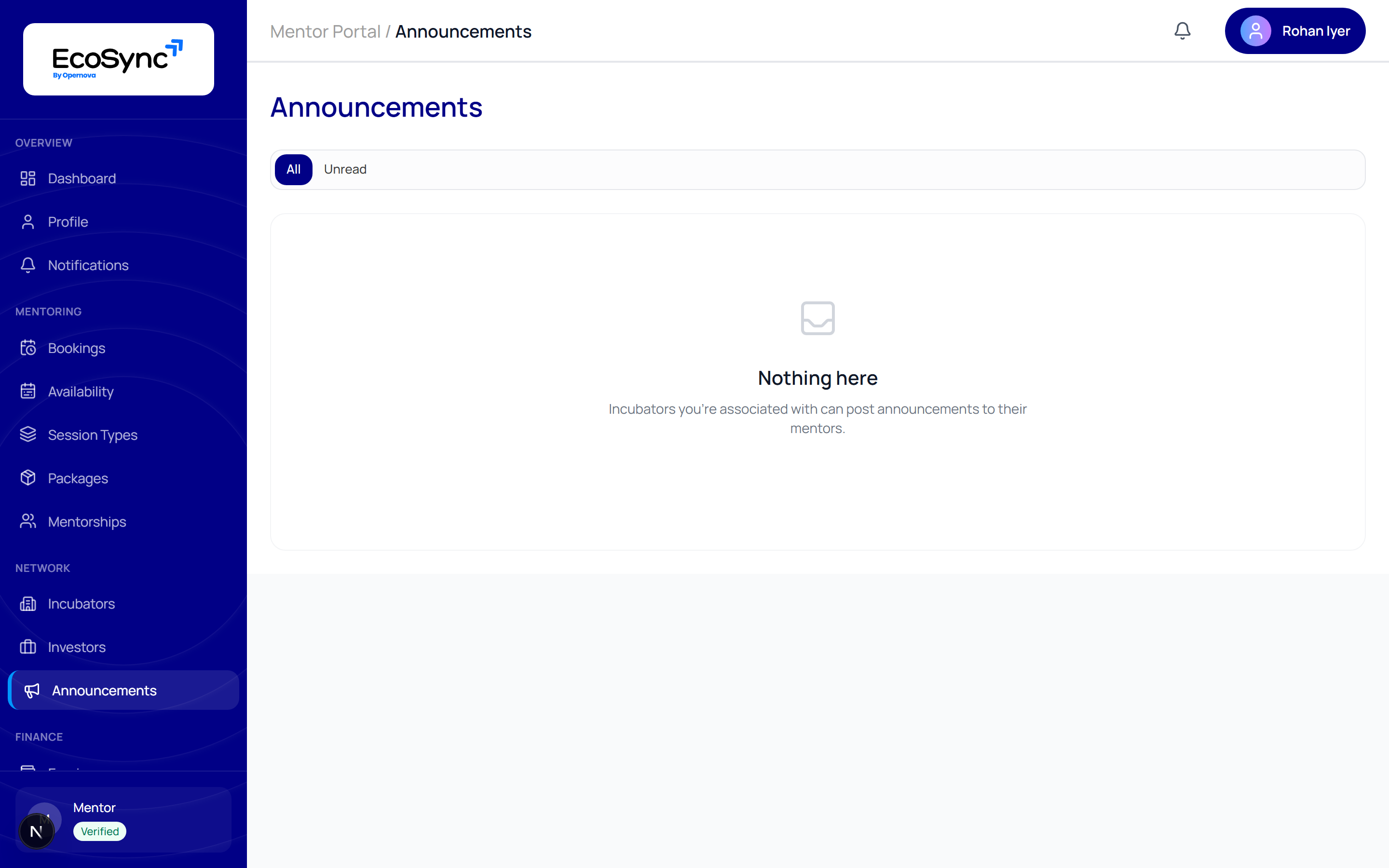 The mentor announcements page showing broadcasts from associated incubators