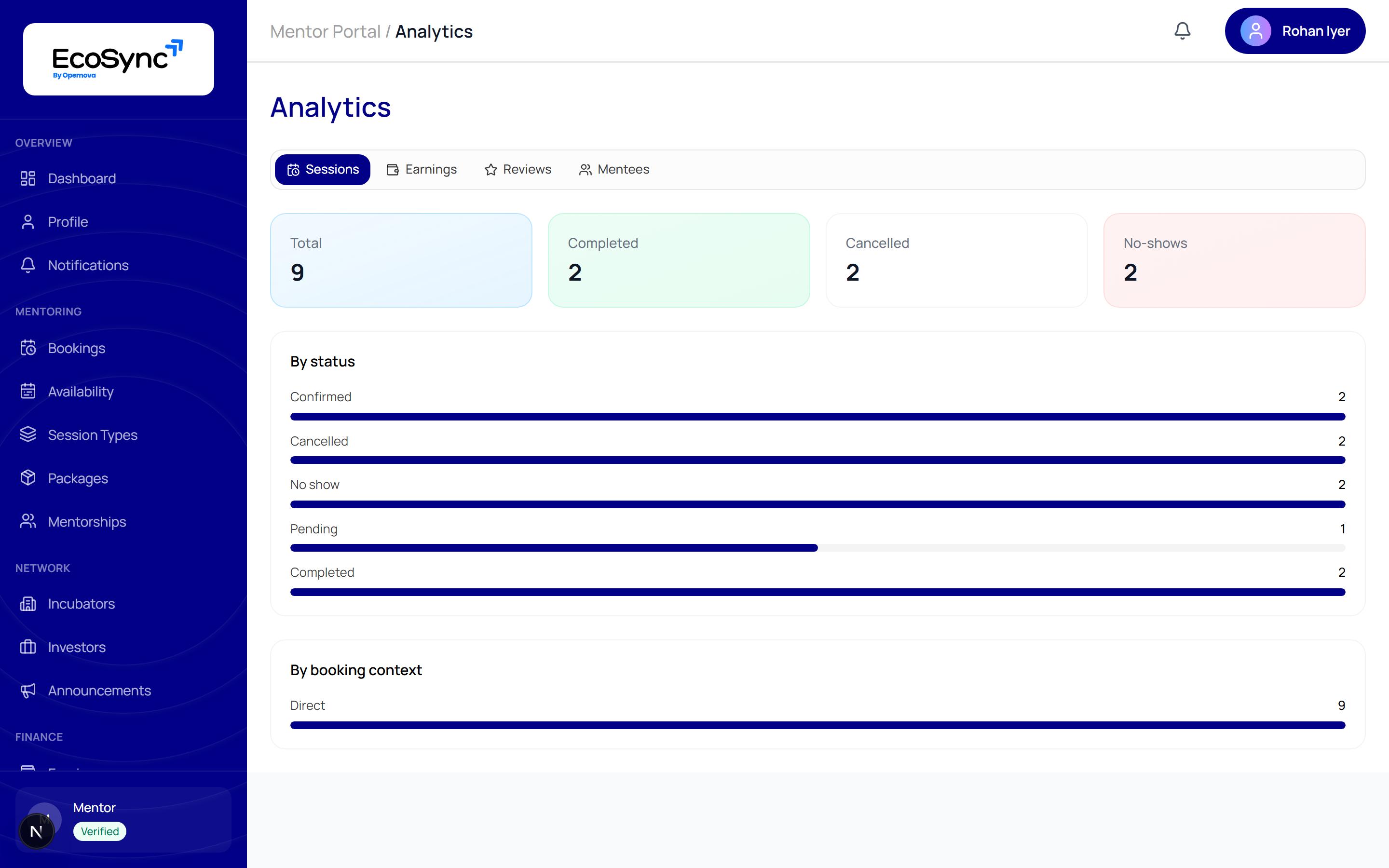 The mentor analytics page showing session and earnings trends over time